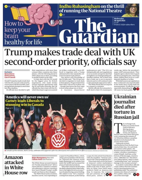 Portada de The Guardian (reino Unido)
