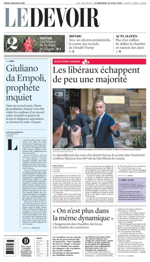 Portada de Le Devoir del miércoles, 30 de abril de 2025