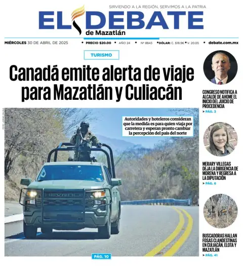 Portada de El Debate de Mazatlan del miércoles, 30 de abril de 2025