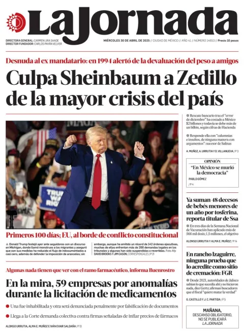 Portada de La Jornada del miércoles, 30 de abril de 2025
