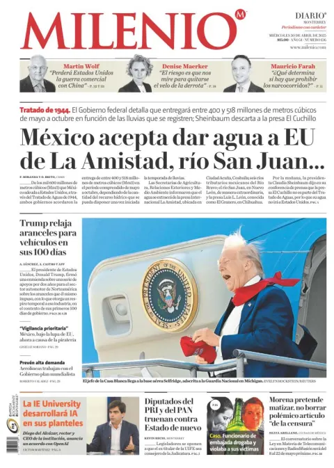 Portada de MILENIO del miércoles, 30 de abril de 2025