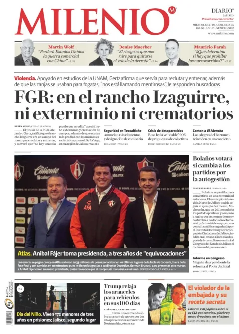 Portada de Milenio Jalisco del miércoles, 30 de abril de 2025