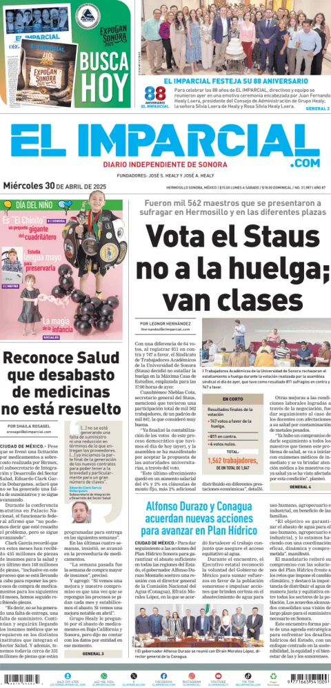 Portada de El Imparcial del miércoles, 30 de abril de 2025