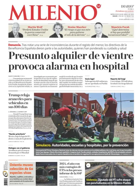Portada de Milenio Puebla del miércoles, 30 de abril de 2025