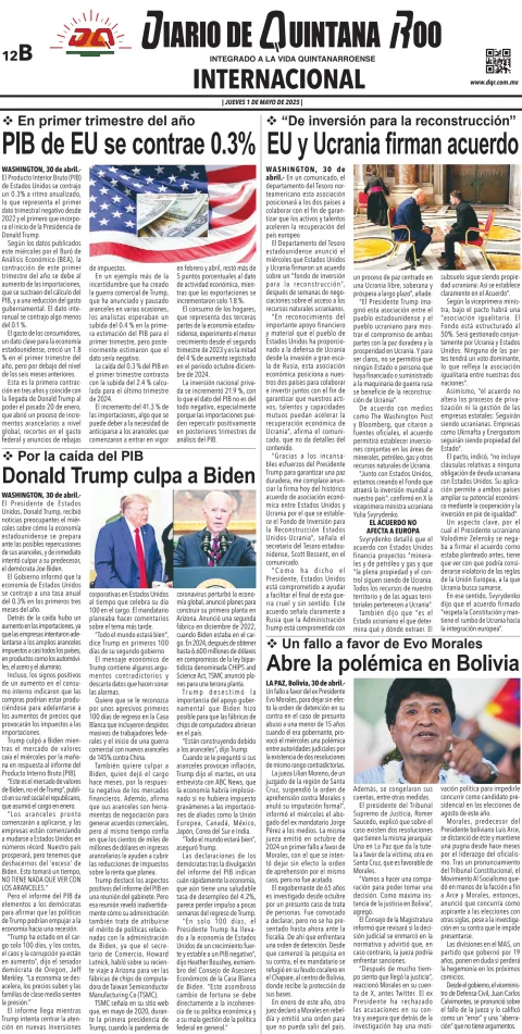 Portada de Diario de Quintana Roo (contra Portada)