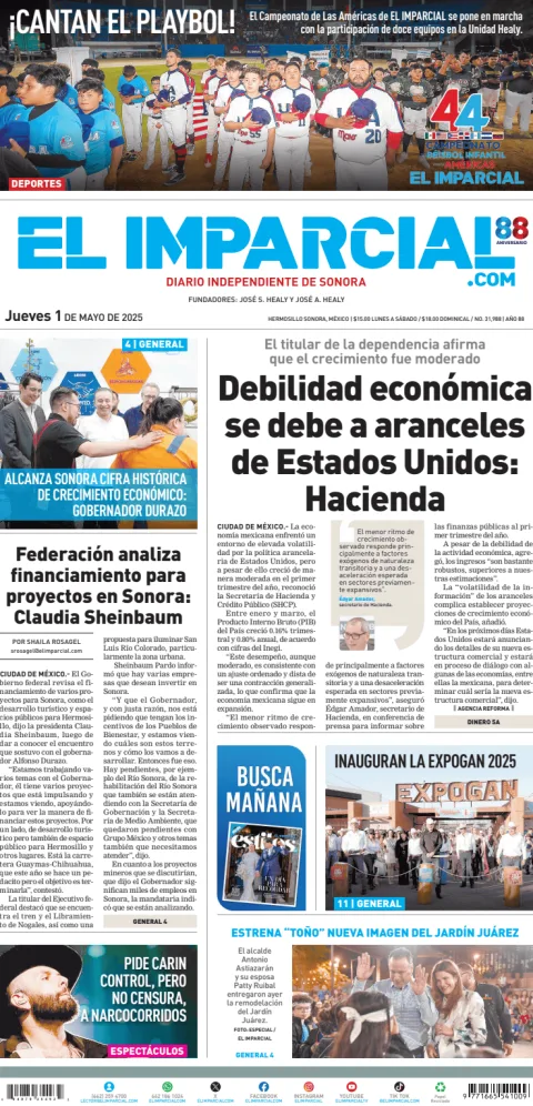 Portada de El Imparcial del jueves, 1 de mayo de 2025