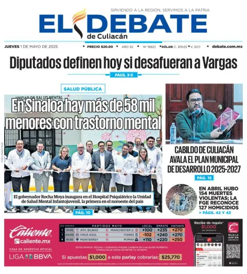 Portada de El Debate de Culiacan del jueves, 1 de mayo de 2025
