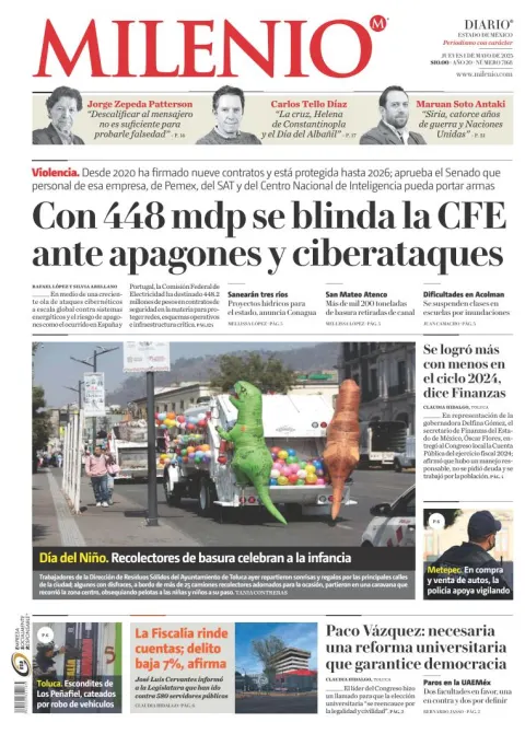 Portada de Milenio Edo de Mexico del jueves, 1 de mayo de 2025