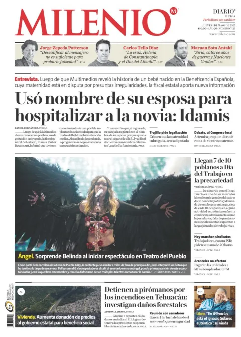 Portada de Milenio Puebla del jueves, 1 de mayo de 2025