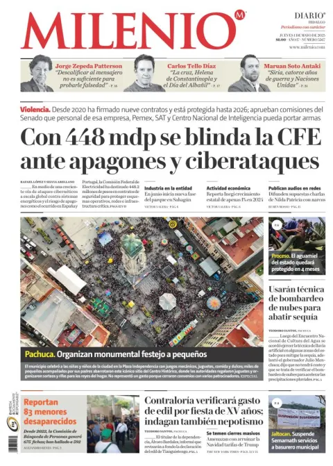 Portada de Milenio Hidalgo del jueves, 1 de mayo de 2025