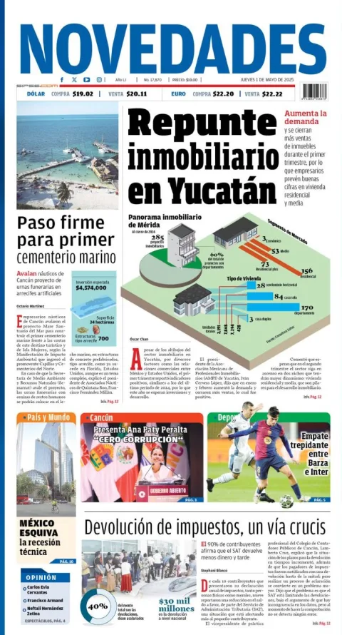 Portada de Novedades Quintana Roo del jueves, 1 de mayo de 2025