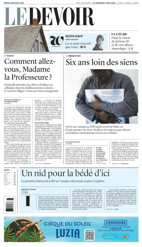 Portada de Le Devoir del viernes, 2 de mayo de 2025