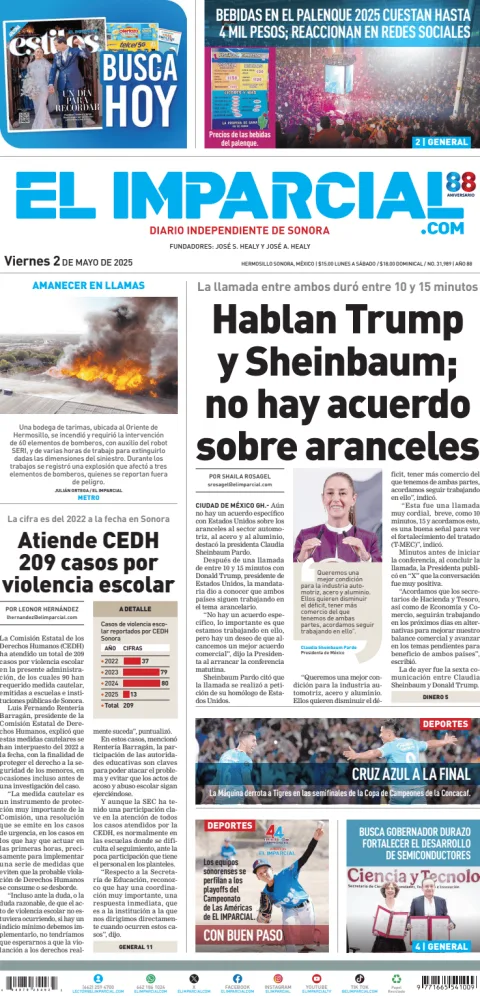 Portada de El Imparcial del viernes, 2 de mayo de 2025