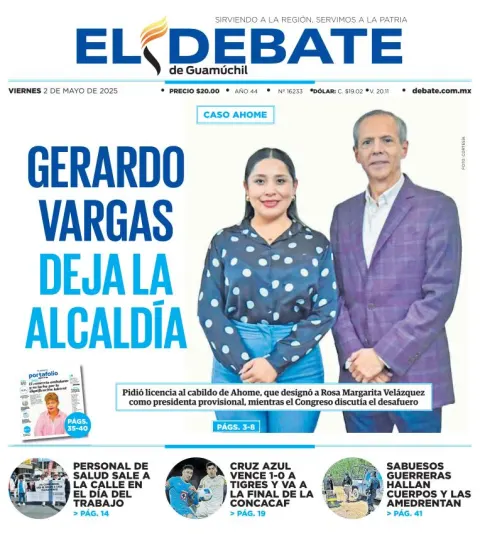 Portada de El Debate de Guamuchil del viernes, 2 de mayo de 2025