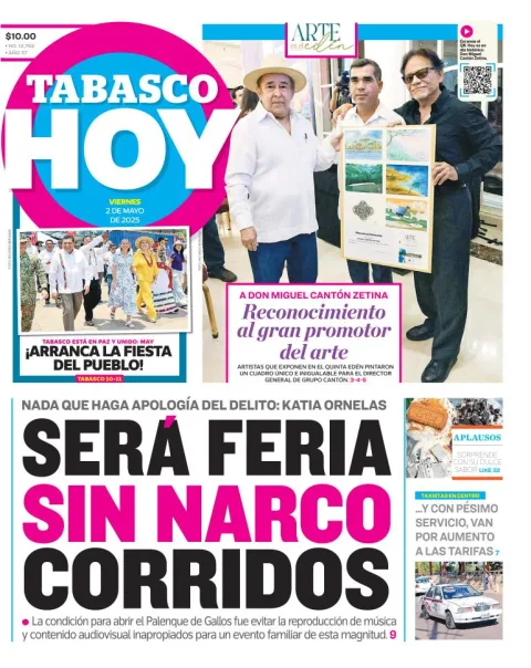 Portada de Tabasco Hoy del viernes, 2 de mayo de 2025