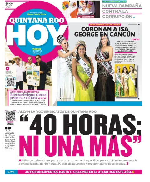 Portada de Quintana Roo Hoy del viernes, 2 de mayo de 2025