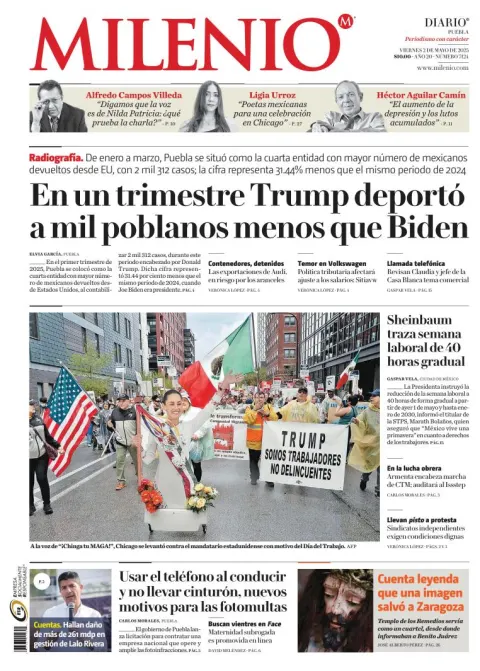Portada de Milenio Puebla del viernes, 2 de mayo de 2025