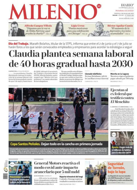 Portada de Milenio Laguna del viernes, 2 de mayo de 2025