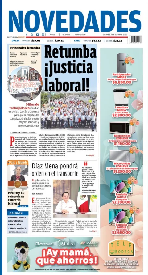 Portada de Novedades Quintana Roo del viernes, 2 de mayo de 2025