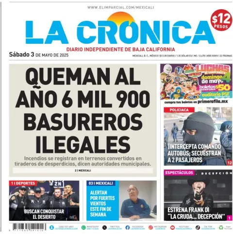 Portada de La Cronica del sábado, 3 de mayo de 2025