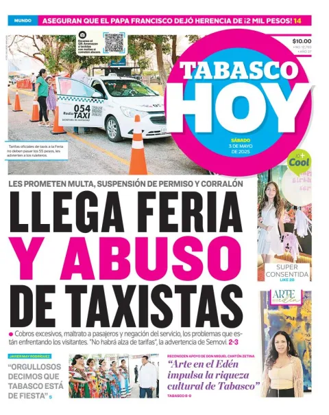 Portada de Tabasco Hoy del sábado, 3 de mayo de 2025