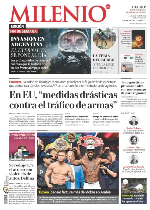 Portada de Milenio Edo de Mexico del sábado, 3 de mayo de 2025