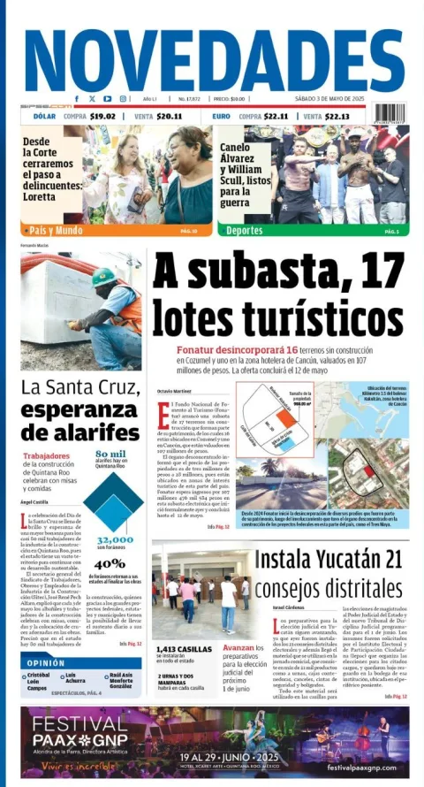 Portada de Novedades Quintana Roo del sábado, 3 de mayo de 2025