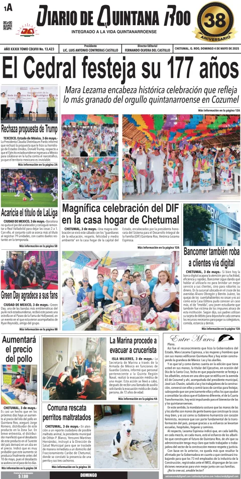 Portada de Diario de Quintana Roo (portada) del domingo, 4 de mayo de 2025