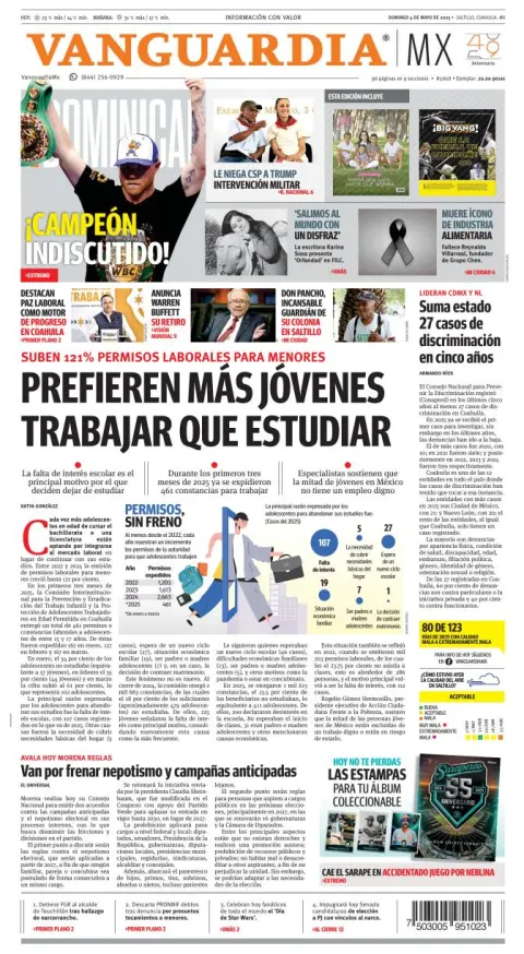 Portada de Vanguardia del domingo, 4 de mayo de 2025