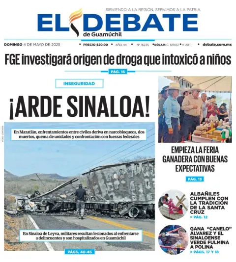 Portada de El Debate de Guamuchil del domingo, 4 de mayo de 2025