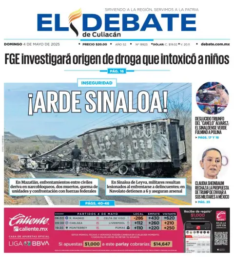 Portada de El Debate de Culiacan del domingo, 4 de mayo de 2025