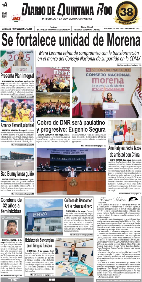 Portada de Diario de Quintana Roo (portada) del lunes, 5 de mayo de 2025