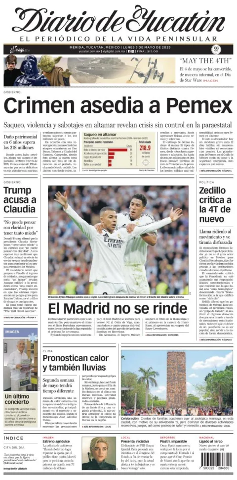 Portada de Diario de Yucatán del lunes, 5 de mayo de 2025