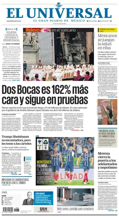 Portada de El Universal del lunes, 5 de mayo de 2025