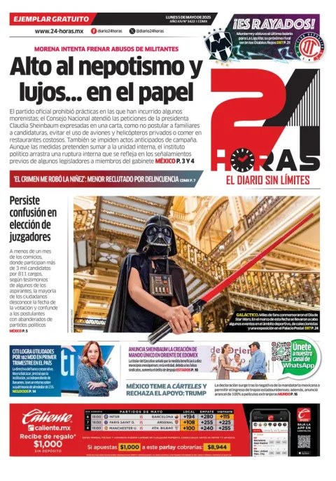 Portada de 24 Horas del lunes, 5 de mayo de 2025
