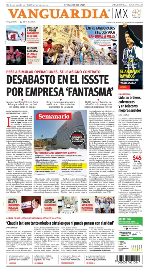 Portada de Vanguardia del lunes, 5 de mayo de 2025