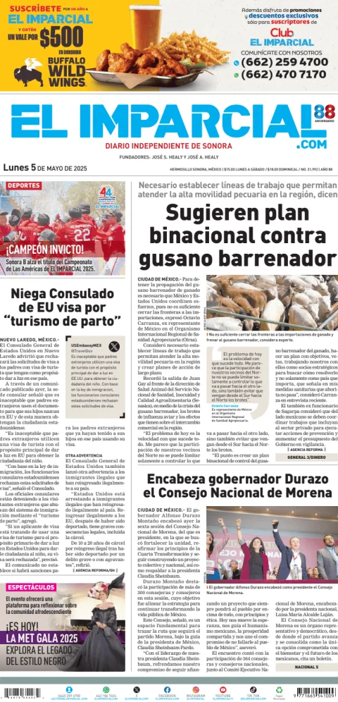 Portada de El Imparcial del lunes, 5 de mayo de 2025
