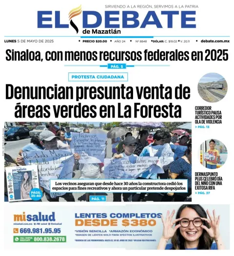 Portada de El Debate de Mazatlan del lunes, 5 de mayo de 2025