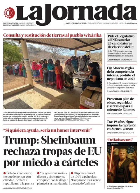 Portada de La Jornada del lunes, 5 de mayo de 2025