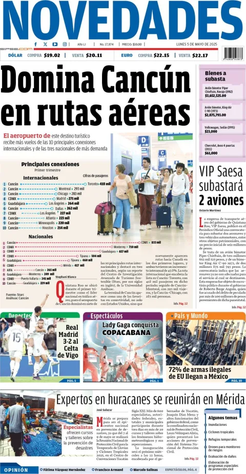 Portada de Novedades Quintana Roo del lunes, 5 de mayo de 2025