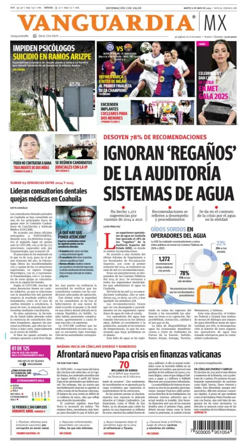 Portada de Vanguardia del martes, 6 de mayo de 2025