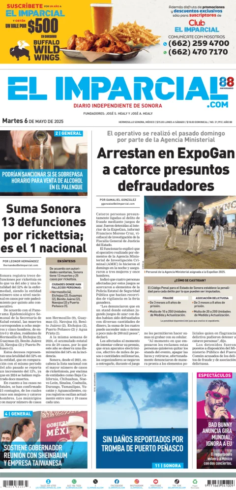 Portada de El Imparcial del martes, 6 de mayo de 2025