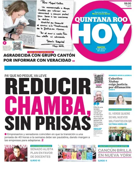Portada de Quintana Roo Hoy del martes, 6 de mayo de 2025