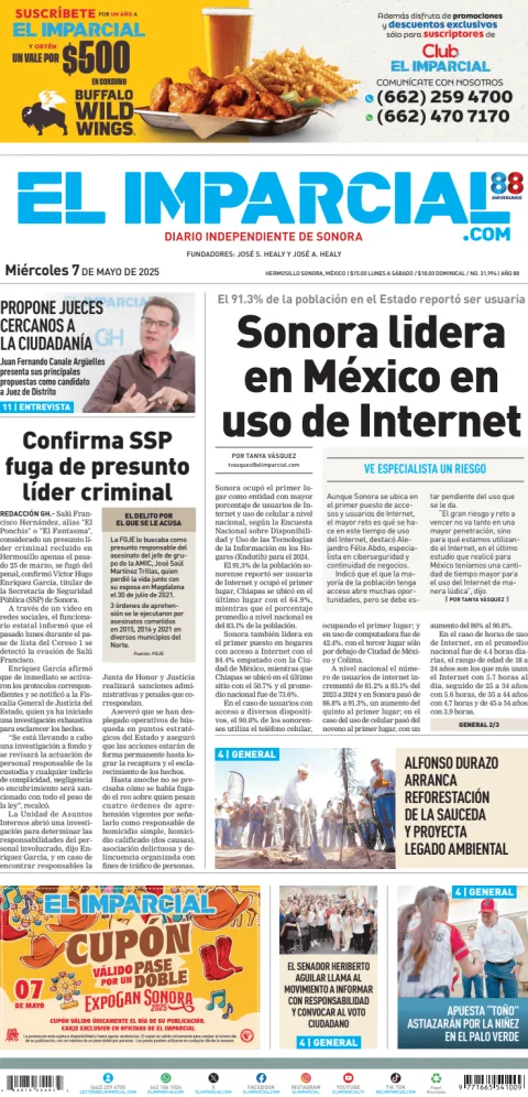 Portada de El Imparcial del miércoles, 7 de mayo de 2025
