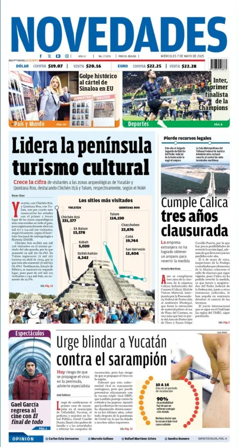 Portada de Novedades Quintana Roo del miércoles, 7 de mayo de 2025