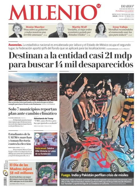 Portada de Milenio Edo de Mexico del miércoles, 7 de mayo de 2025