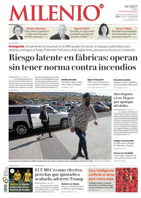 Portada de Milenio Jalisco del miércoles, 7 de mayo de 2025