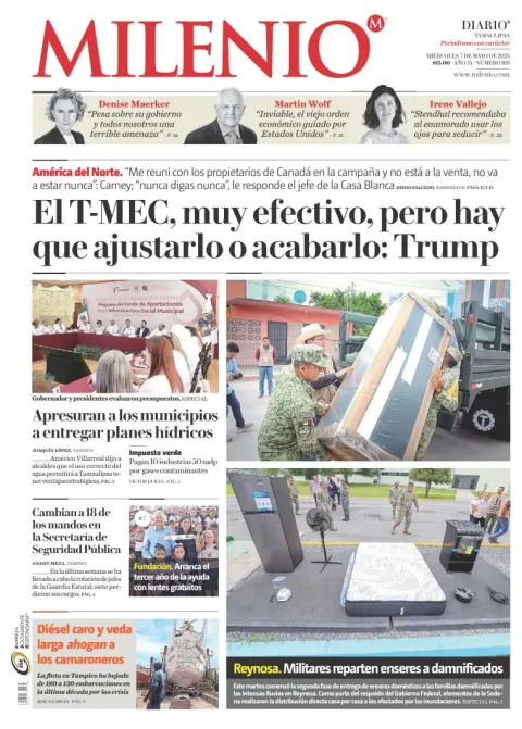 Portada de Milenio Tamaulipas del miércoles, 7 de mayo de 2025