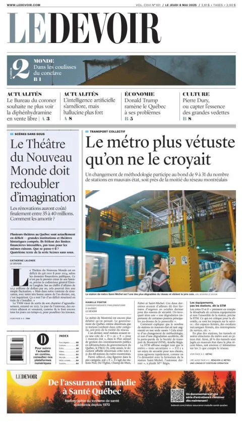 Portada de Le Devoir del jueves, 8 de mayo de 2025