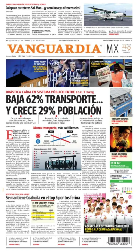 Portada de Vanguardia del jueves, 8 de mayo de 2025
